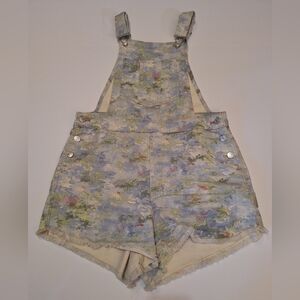 Anthropologie Pilcro Cutoff Overalls Womens Sz 30 Blue Denim Watercolor Shorts